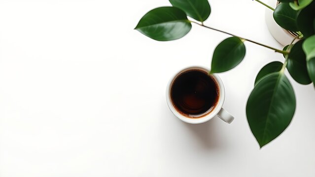 Minimalist workspace with coffee cup and greenery, showcasing simplicity and productivity from above.
