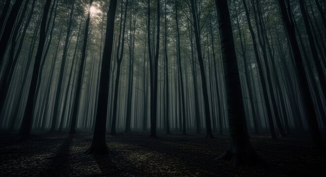Sunbeams pierce a dark, foggy forest canopy with tall trees. - Powered by Adobe