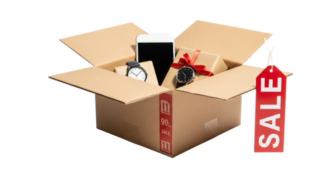 Open cardboard box with sale label containing watch and smartphone  isolated on a transparent background 