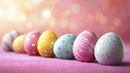 Soft pink Easter background with multi colored eggs arranged in row on glittery surface, creating festive and cheerful atmosphere with pastel tones and delicate patterns