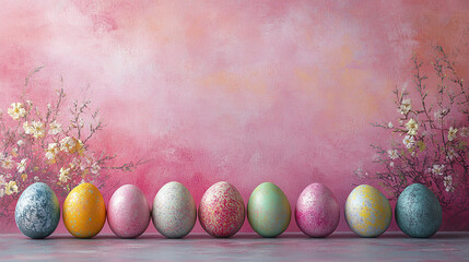 Soft pink Easter background with multi colored eggs arranged in row on surface, surrounded by delicate white flowers and branches, creating festive and gentle atmosphere