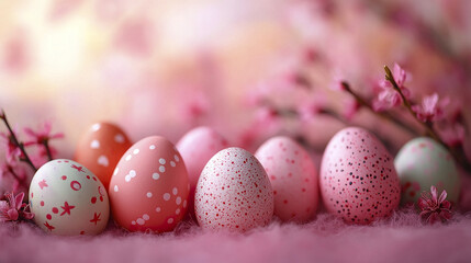 Soft pink Easter background with multi colored eggs decorated with dots and floral patterns surrounded by delicate pink flowers creating festive and gentle atmosphere