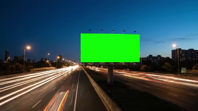 Green Screen 4k advertising billboard on sidelines of expressway with traffic at evening time lapse scene 4 distortion, overlay, glitch, static noise, scan lines black background, animated video loop