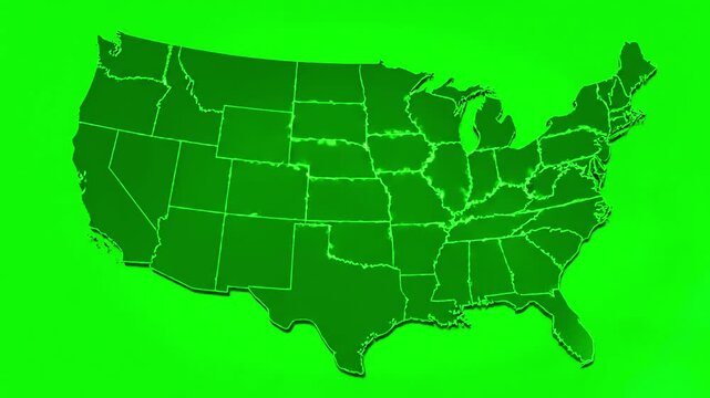 Green Screen map of united states america showing different animated usa contiguous lower 48 u s state on an isolated chroma key background scene 4 with distortion, overlay, glitch, static noise, scan
