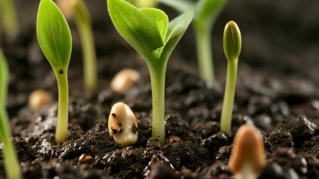 Macro time-lapse of cucumber seeds germinating in moist fertile soil. Green shoots breaking through the earth, symbolizing spring growth and renewal. Sharp detail, cinematic lighting, 8K UHD.