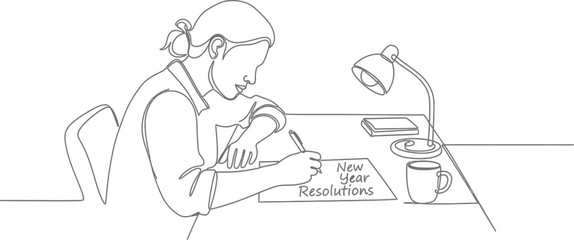 Woman writing new year resolutions at desk in continuous line art drawing
