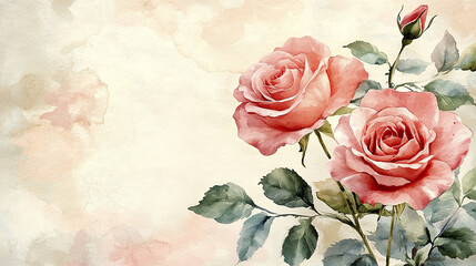 Sophisticated watercolor design featuring pink rose flowers and buds with green leaves on soft beige background, evoking delicate and romantic feeling