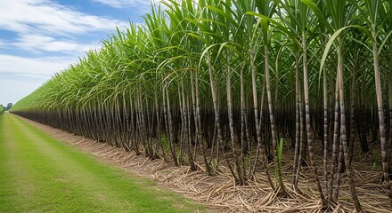 Obraz premium Lush green sugarcane field stretching into the distance under a bright blue sky