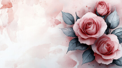 Sophisticated watercolor design featuring pink rose flowers with gray leaves on soft pastel background, creating delicate and elegant floral composition