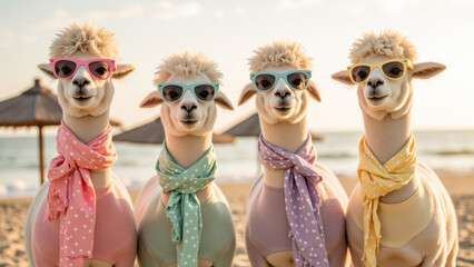 Fototapeta premium Four stylish llamas wearing sunglasses and colorful scarves pose on beach, exuding fun and relaxed vibe