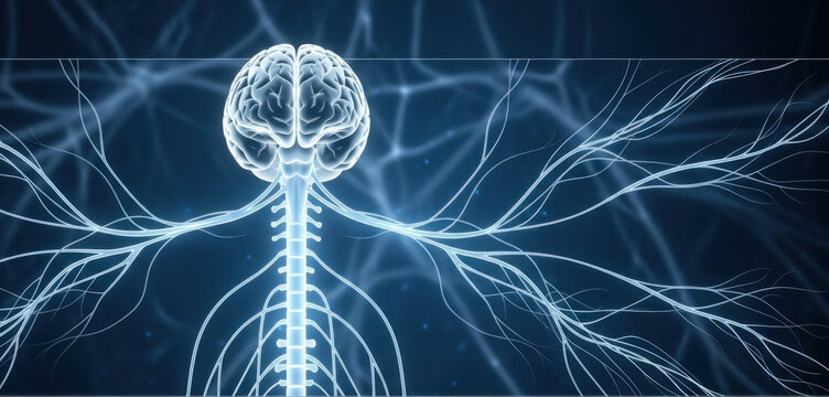 A human brain with neural pathways and neurons against a blue background.