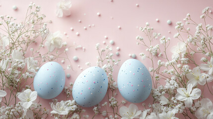 Pastel blue speckled eggs surrounded by delicate white flowers and small white decorative balls on soft pink background create gentle and serene spring composition