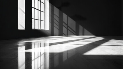 Stark black and white photo of empty room with sunlight casting geometric shadows through large windows onto shiny floor, creating calm and minimalist atmosphere