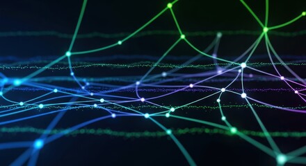 A colorful, abstract network of lines and dots against a dark background.
