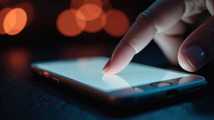 Finger touches smartphone screen, illuminated by soft bokeh lights in background, creating modern and tech savvy atmosphere