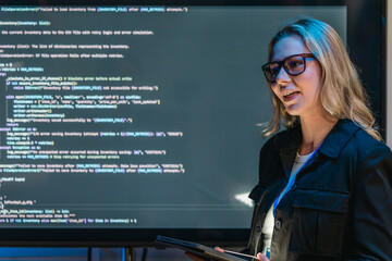 Female Software Engineer Presenting Code During Technical Meeting