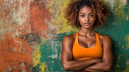 Fototapeta premium confident athletic woman with curly hair wearing orange sports bra standing with arms crossed against colorful textured wall background