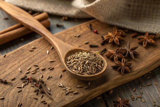 Raw Cumin Seeds in Wooden Spoon &ndash; Rustic Kitchen Food Photography
