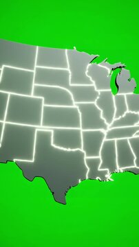 Green Screen map of united states america showing different animated usa contiguous lower 48 u s state on an isolated chroma key background scene 4 with distortion, overlay, glitch, static noise, scan