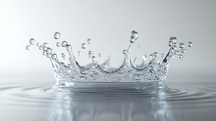 Water splash crown shape with droplets and ripples on smooth surface, clear liquid in motion, fresh and dynamic water impact captured in high detail and sharp focus