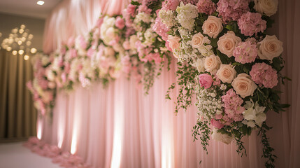 Wedding backdrop in pastel pink with vertical floral arrangements featuring roses, hydrangeas, and greenery creating romantic and elegant atmosphere for celebration