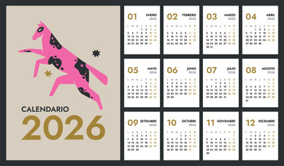 2026 full monthly vertical A4 calendar template with Horse on cover. Spanish months names