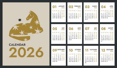 2026 full monthly vertical A4 calendar template with Horse on cover. Weeks start Monday