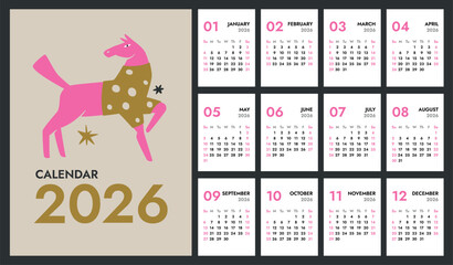 2026 full monthly vertical A4 calendar template with Horse on cover. Weeks start Sunday