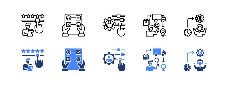 Customer survey, Feedback form, Personalization, Order tracking, Efficiency with two styles, line and duotone icon.