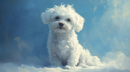 Small white dog with curly fur sits calmly against soft blue background, showing gentle and peaceful expression in studio setting
