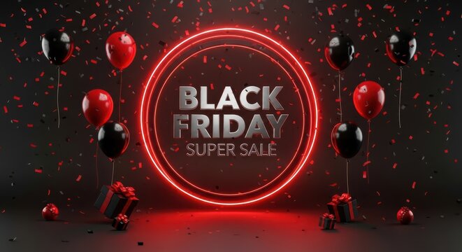 Black friday super sale announcement with glowing neon circle, balloons, gift boxes, and confetti on a dark background
