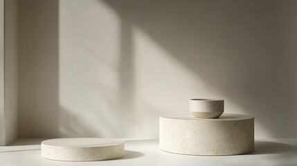 White surface with two cylindrical podiums of varying height and small bowl on taller podium, illuminated by soft natural light creating gentle shadows