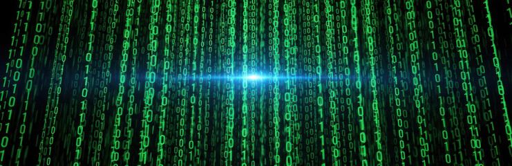 Matrix-like green binary code with a blue light at the center.