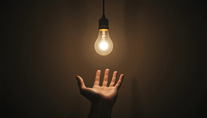 Glowing Incandescent Light Bulb Hanging Above an Upraised Human Hand Against a Dark Brown Background, Concept for Innovation, Idea, Inspiration, Creativity, or Problem-Solving Template
