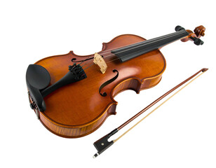 Ornate brown string instrument with bow, isolated