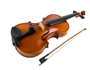 Ornate brown string instrument with bow, isolated