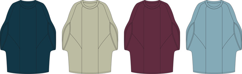 Set of four flat fashion sketches of crew neck, long sleeve, mid-length oversized sweater dresses in different colors