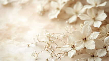 Beige floral background featuring dried clematis flower and delicate small buds, creating soft and elegant natural composition with warm tones and gentle lighting
