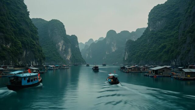 Boats navigate through a scenic bay with limestone karsts and floating villages.