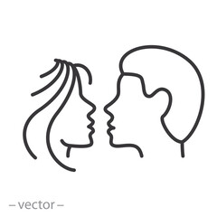 people relationship icon, two profile silhouettes facing each other, man and woman, heads facing each other, thin line symbol on white background - editable stroke vector illustration eps10