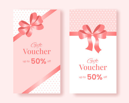 Elegant pink Gift Voucher Coupon discount for Happy Valentine's Day celebration and holiday symbols with shiny satin ribbons and heart patterns. Perfect for beauty salons, fashion stores, Valentine's