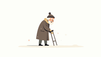 Fototapeta premium Elder with crutch in snow walking slowly in minimal winter landscape wearing long brown coat and hat, concept of quiet solitude and dignity