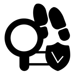 Loupe with shoe prints and checkmark emblem solid icon, police force concept. Vector graphics. Find trace, detective sign on white background, style icon mobile or web design.