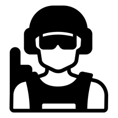 Special forces soldier solid icon, police force concept. Vector graphics. Policeman with helmet, sunglasses and radio sign on white background, style icon mobile or web design.