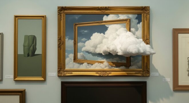 Paintings displayed in an art gallery featuring clouds and surrealist imagery in ornate gold frames