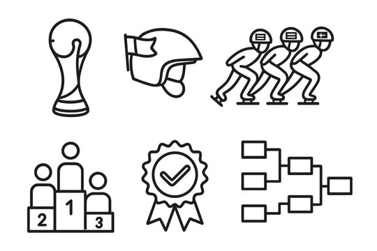 International Competition Icons. Line style icons of international competitions: world cup trophy, national flag on helmet,
