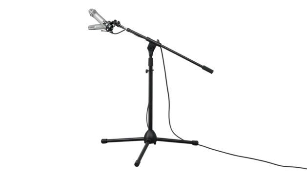 Microphone on stand, angled, against a black backdrop