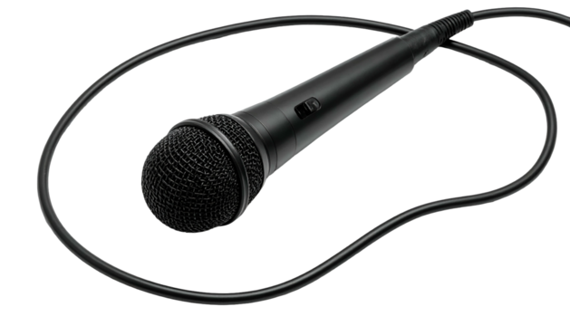 Black dynamic microphone, cable coiled on a black background