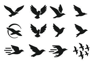 Obraz premium Bird Flight Icons. Solid style icons of bird flight: soaring bird, flapping wings, bird gliding, bird swooping, bird circling,