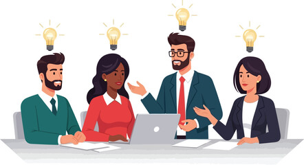 Team brainstorming with lightbulbs above heads